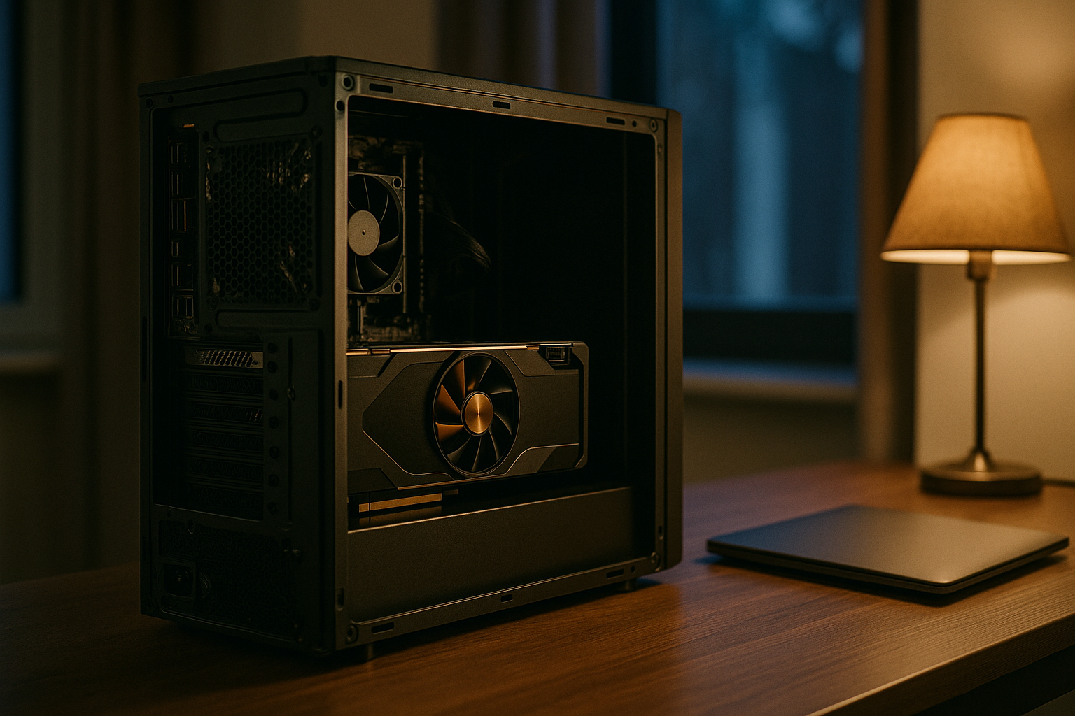 A single desktop computer tower with its side panel open on a wooden desk, a graphics card visible inside catching warm lamplight, suggesting AI running on personal hardware at home.
