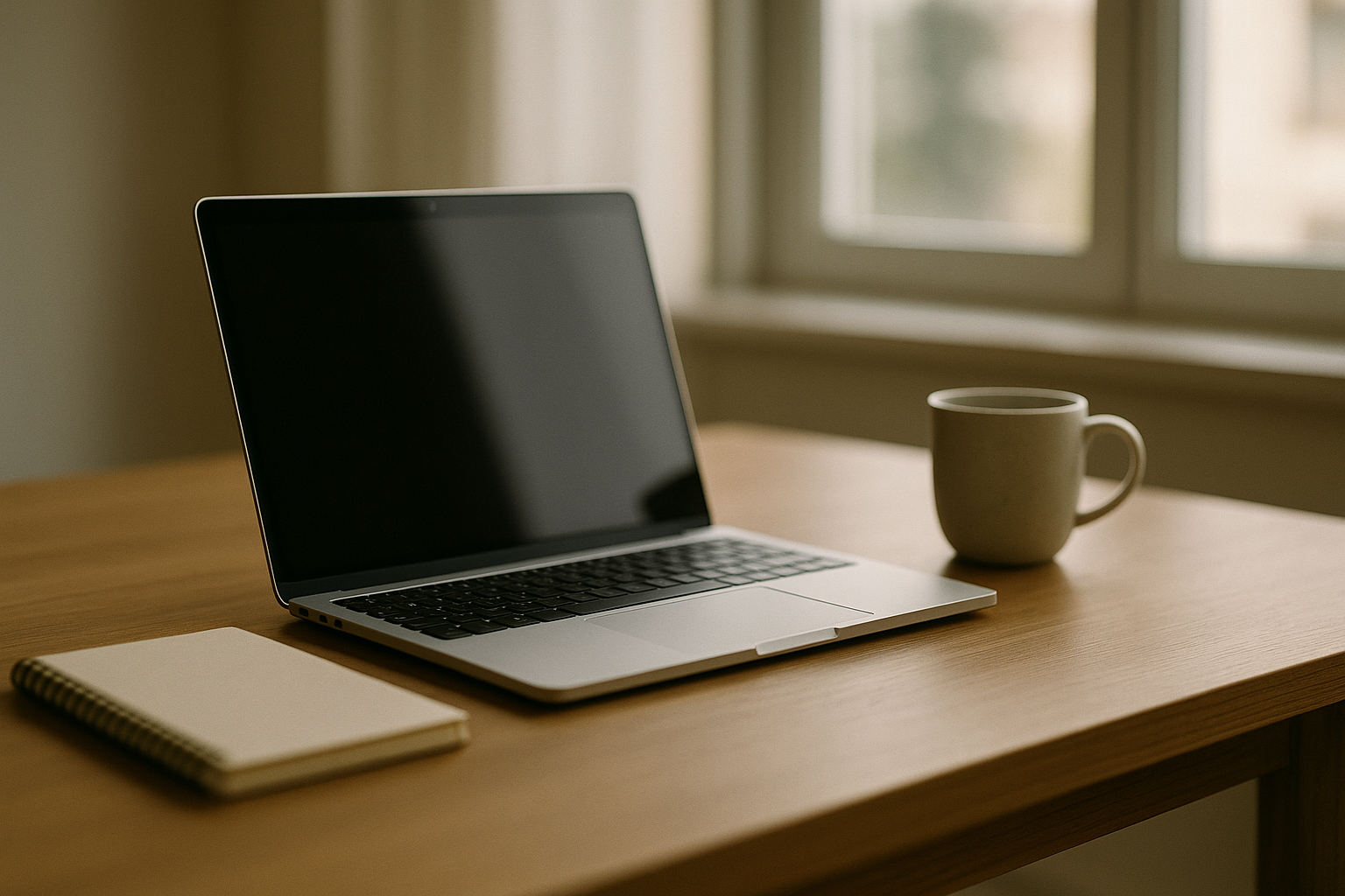An open laptop on a tidy office desk beside a notebook and a coffee mug in soft morning light, suggesting focused everyday knowledge work.