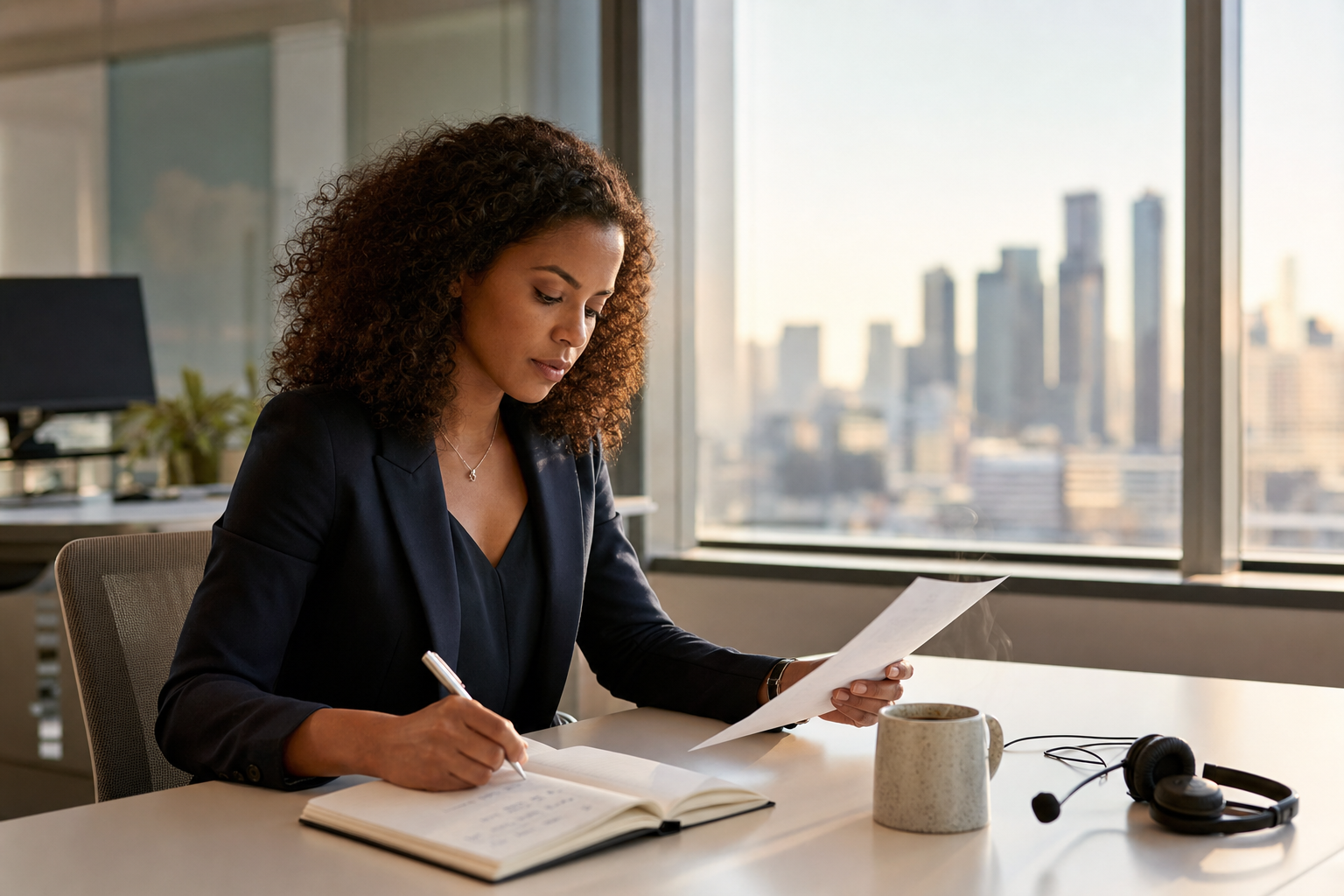 A focused business professional seated at a clean minimalist desk in a bright modern office, reviewing a printed prospect list and jotting notes in an open paper notebook, a sleek telephone headset and a steaming ceramic coffee mug beside them, warm golden morning light streaming through floor-to-ceiling windows that overlook a calm city skyline, a softly blurred out-of-focus monitor far in the background with no legible content, shallow depth of field, photojournalistic, purposeful and calm corporate atmosphere, absolutely no text, no letters, no numbers, no logos, no signage anywhere in frame