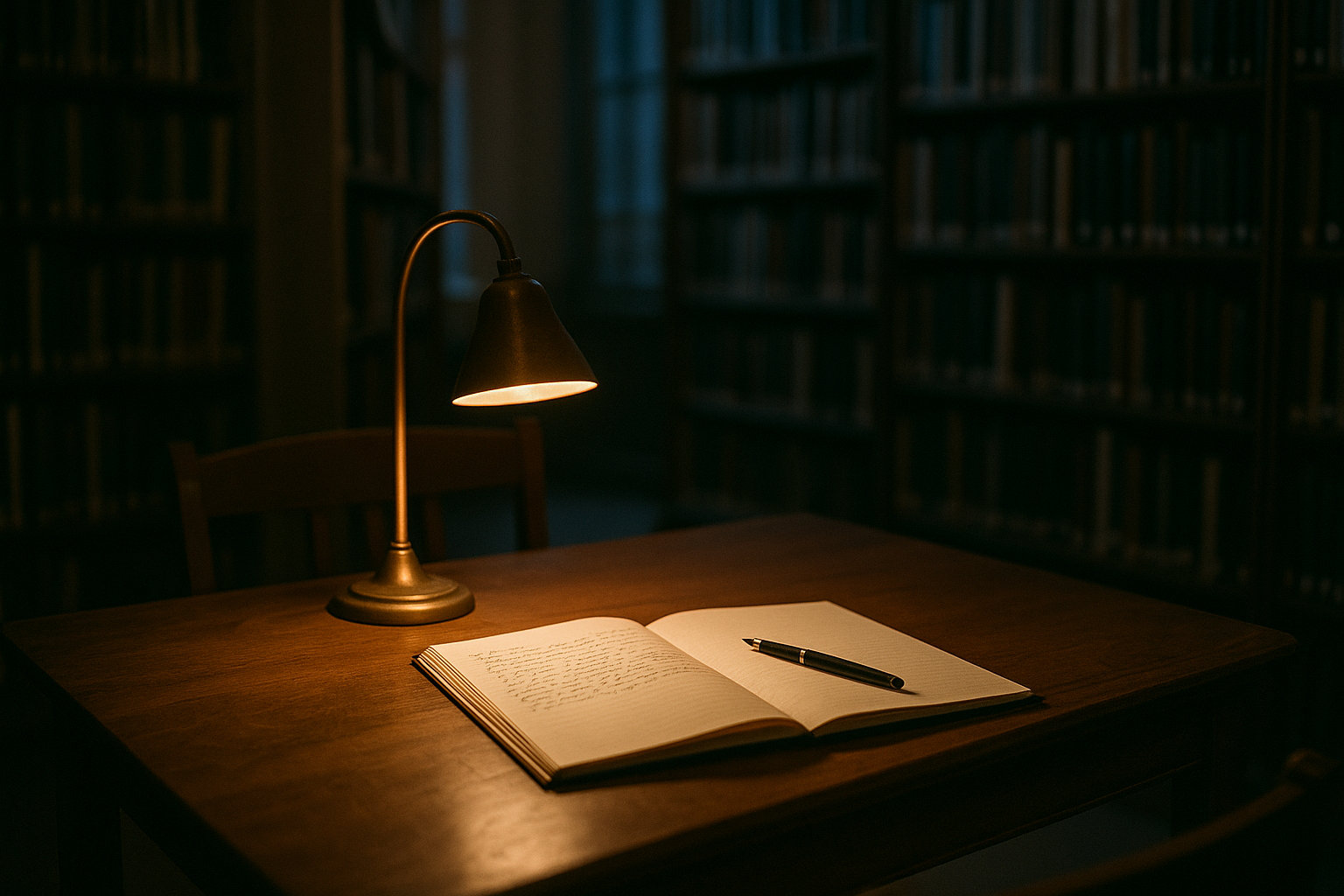 A worn library reading desk lit by a warm lamp, an open notebook with a half-written page beside a blank one, suggesting the act of generating new text from prior knowledge.