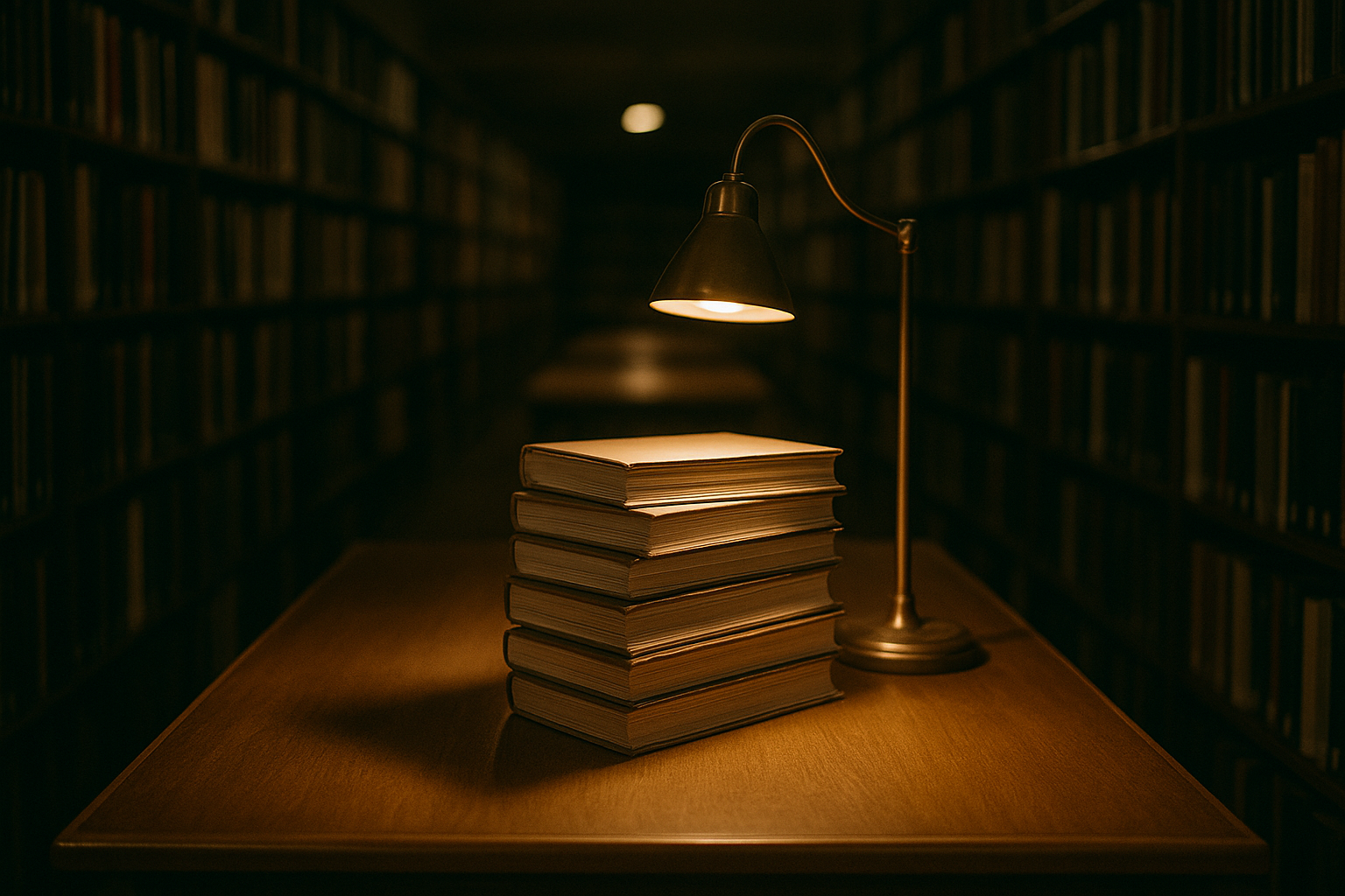 An open library reading desk with a single tall stack of bound documents lit by a focused lamp, the surrounding shelves fading into shadow, suggesting a fixed amount of material in view at once.