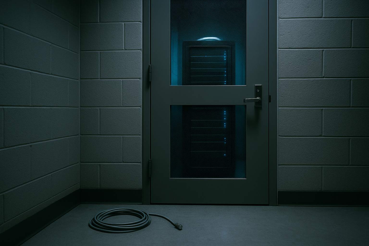 A locked on-premises server rack glowing behind a closed steel security door inside a hospital or government data closet, suggesting computing kept entirely inside the building.