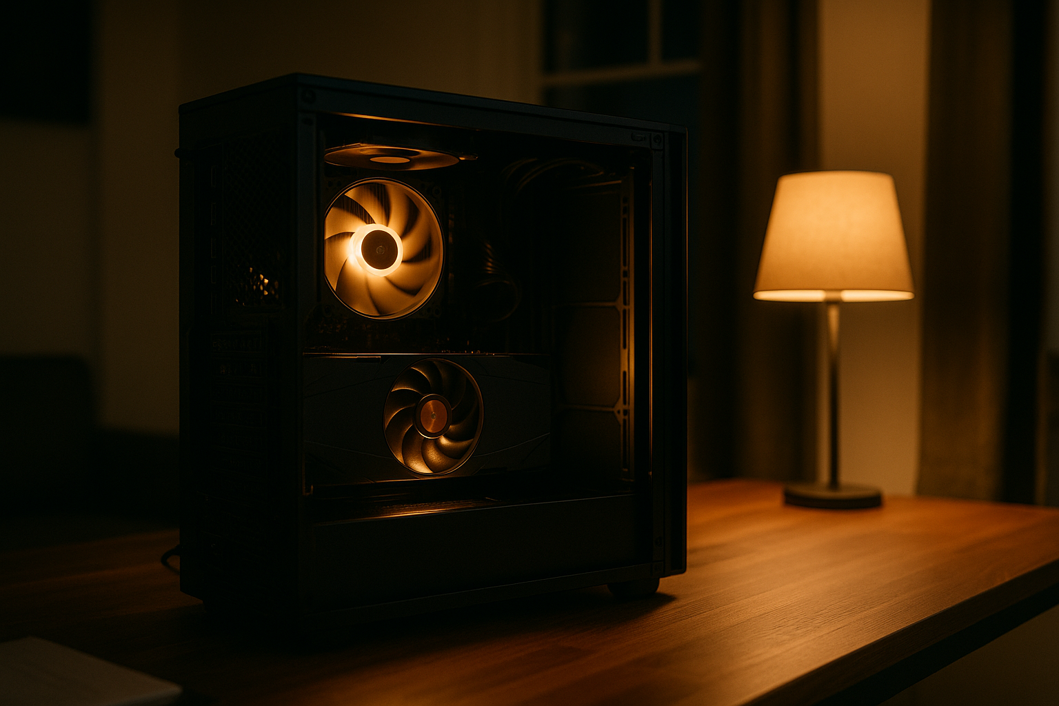 A desktop computer tower with the side panel removed, a large graphics card and cooling fans glowing softly on a wooden desk in a home office at night, no screens or text visible.