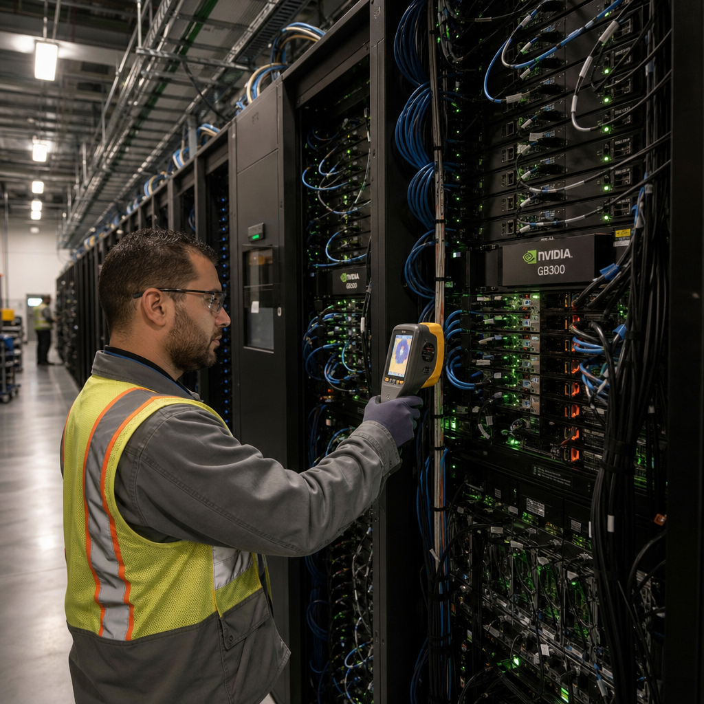 Inside a vast hyperscale data center facility operated by major technology companies including Microsoft Google Amazon and Meta rows of tall black server racks stretch into the distance each rack densely packed with NVIDIA GB300 GPU modules connected by thick bundles of fiber optic cables and power lines anonymous technicians in neutral colored coveralls and safety vests move methodically between aisles inspecting connections and verifying hardware performance indicators on small status panels while one technician uses a handheld diagnostic tool to check thermal readings on a rack dedicated to GPU leasing operations for model API services the environment features industrial grade cooling systems with overhead ductwork and floor level ventilation grates maintaining optimal conditions for continuous inference workloads large scale electrical distribution units and backup power infrastructure line the perimeter supporting sustained high utilization rates the floor is a polished gray concrete with subtle cable management channels running parallel to the racks and overhead lighting provides even illumination across the entire space without shadows obscuring any equipment details multiple technicians collaborate around a central monitoring station reviewing printed schematics and digital readouts that quantify incremental returns from GenAI infrastructure investments the overall scene captures the scale of continued spending on advanced computing hardware driven by rising demand for API based services and GPU leasing frameworks the racks contain thousands of individual GPU accelerators arranged in dense configurations optimized for high throughput inference tasks with visible cabling organized in color coded bundles for power data and management connections technicians wear company neutral attire without any branding and focus on tasks such as cable routing hardware swaps and performance logging that directly support the bottom up models projecting twenty five to fifty percent returns on invested capital for hyperscalers the background shows additional rows of identical racks fading into perspective with occasional glimpses of maintenance carts holding spare components and tools essential for ongoing operations in this high demand environment the concrete walls and ceiling feature exposed structural elements and HVAC infrastructure emphasizing the industrial nature of the facility dedicated to powering GenAI advancements through physical hardware deployments and operational oversight by anonymous personnel ensuring reliability and efficiency across the GPU clusters leased for external model API usage the entire composition centers on the tangible elements of data center infrastructure including power distribution cooling and hardware density that underpin the financial projections from research notes on GenAI ROIC frameworks without any distractions or unrelated elements present in the live action scene