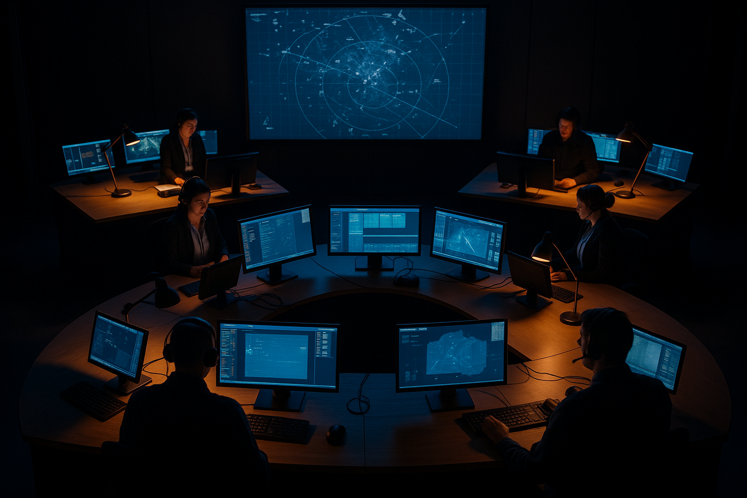 An overhead view of a logistics control room where several illuminated workstations feed into one large central display, suggesting coordinated specialists working a shared problem.