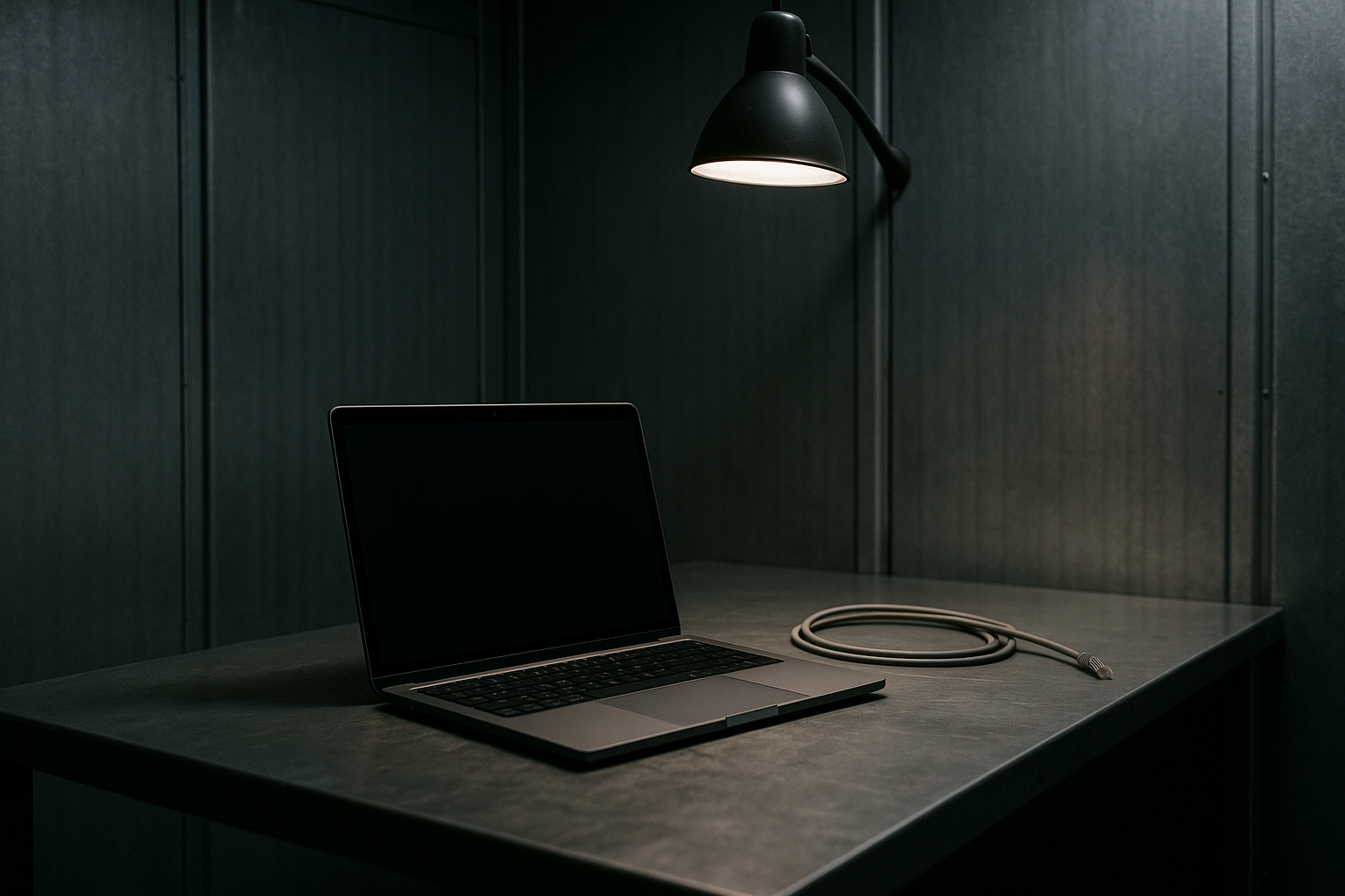 A laptop running on a workbench inside a windowless steel-walled room with a network cable visibly unplugged and coiled beside it, lit by a single cool overhead lamp.