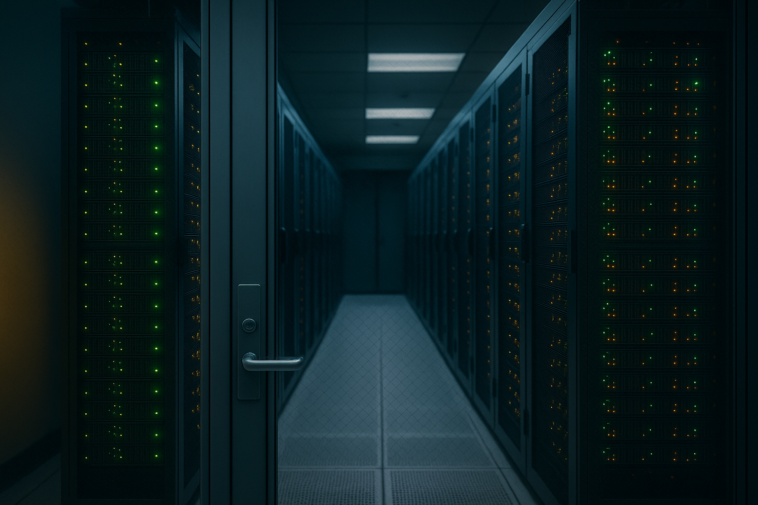 A corporate on-premises data center aisle with GPU server racks behind a glass wall and a closed security door in the foreground, suggesting compute kept inside the building.