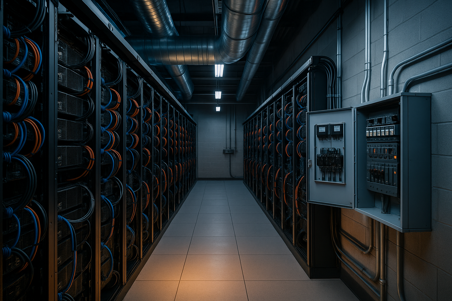An enterprise data-center aisle of GPU server racks with cabling and cooling ducts overhead, an open electrical panel and power-distribution meters visible, conveying the running cost of owning AI hardware.