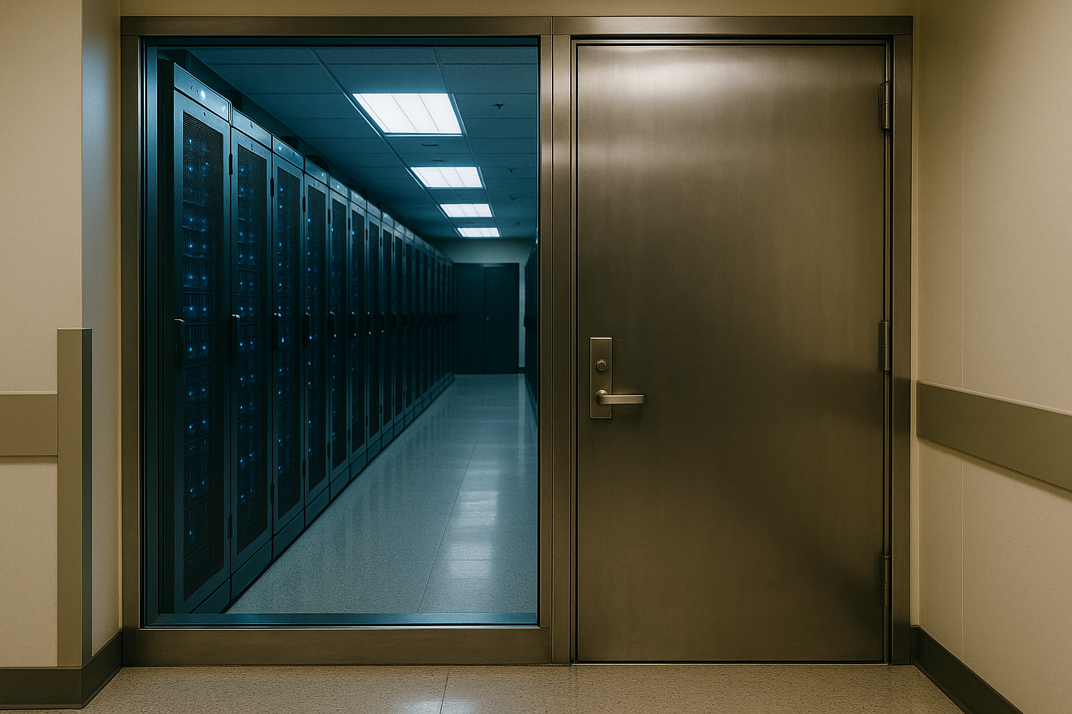 A secured on-premise data center room inside a hospital wing, locked GPU server racks behind a glass wall with a closed steel door, cool blue light, no signage.