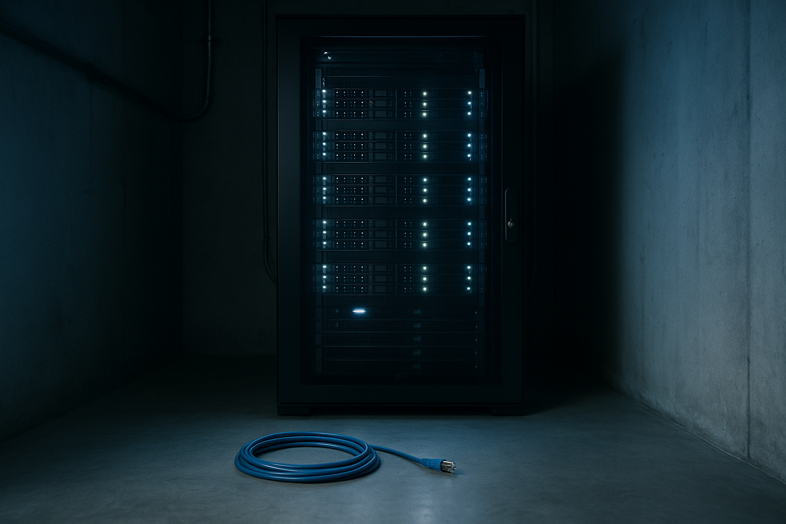 A locked enterprise server rack in a dim on-premises data closet, a single network cable unplugged and coiled on the floor in the foreground, suggesting a model running with no connection to the outside world.