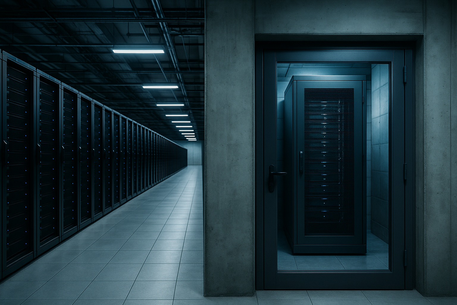 A split scene contrasting a vast public cloud data center hall with rows of identical servers against a single locked on-premise server rack behind a closed steel door, cool blue light.