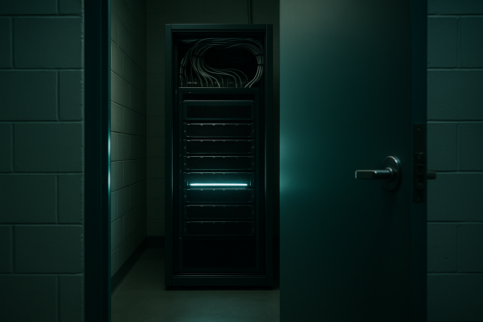 A single GPU server rack glowing in a locked on-premises data closet, cables neatly bundled, a closed steel door in the foreground suggesting compute kept inside the building.