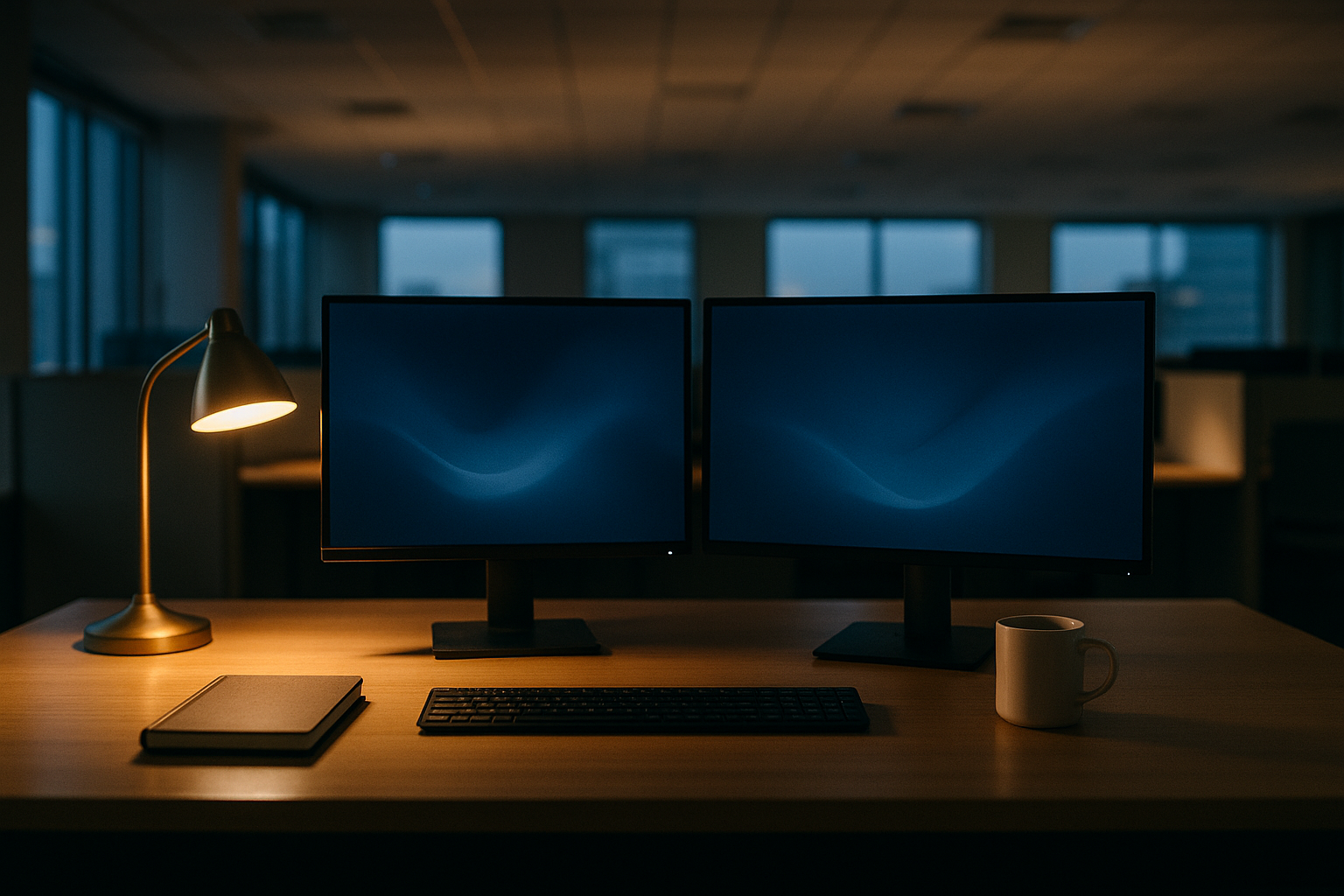 An empty open-plan office desk at dusk with two monitors showing soft abstract light, a notebook and coffee mug beside the keyboard, suggesting knowledge work centered on AI.