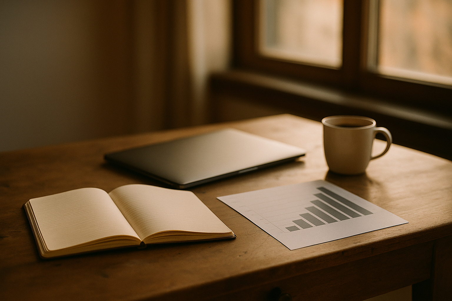 An open notebook beside a laptop on a wooden desk, a printed bar chart of salary ranges resting under soft morning window light.