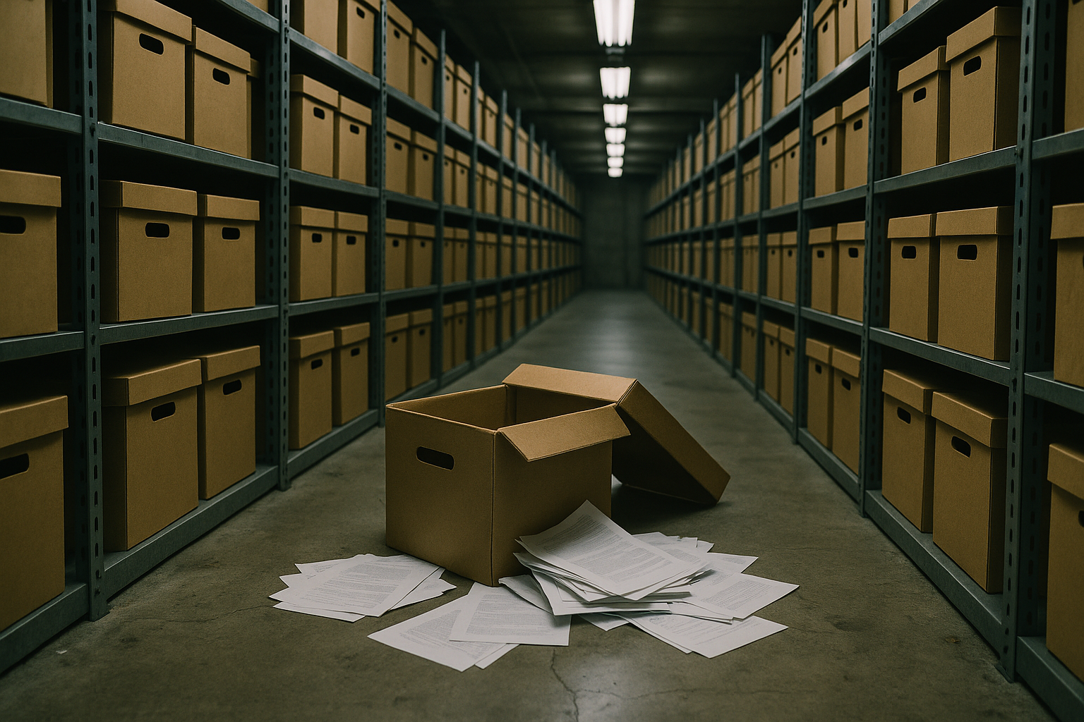 Rows of unlabeled cardboard archive boxes stacked on industrial warehouse shelving stretching into the distance, with one open box near the front spilling loose paper documents onto the floor.