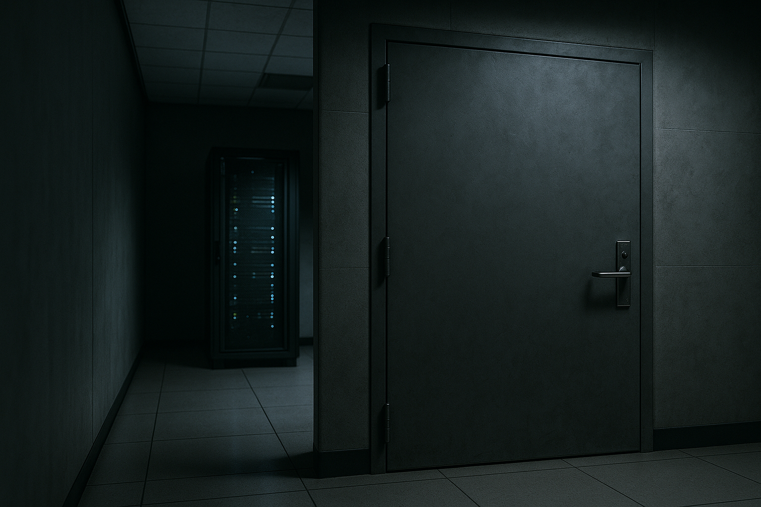A locked server cabinet inside a windowless data hall, a heavy steel door sealed in the foreground, suggesting computing kept fully inside the building with no path out.