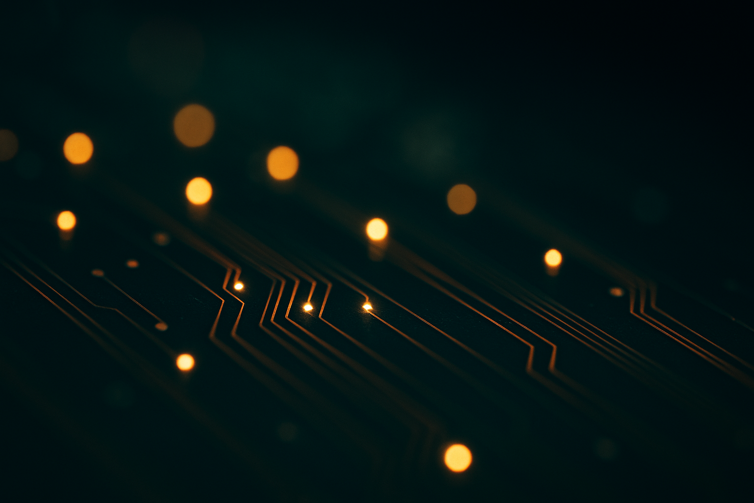 A close-up macro photograph of a circuit board with fine traces lit by scattered pinpoints of light, suggesting brief electrical pulses moving across the silicon.