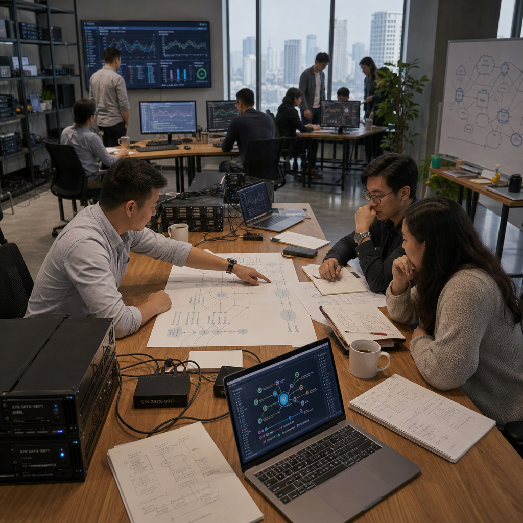 An open-plan engineering floor at dusk, several large wall-mounted dashboards glowing with branching flowcharts and live status graphs above rows of empty desks.