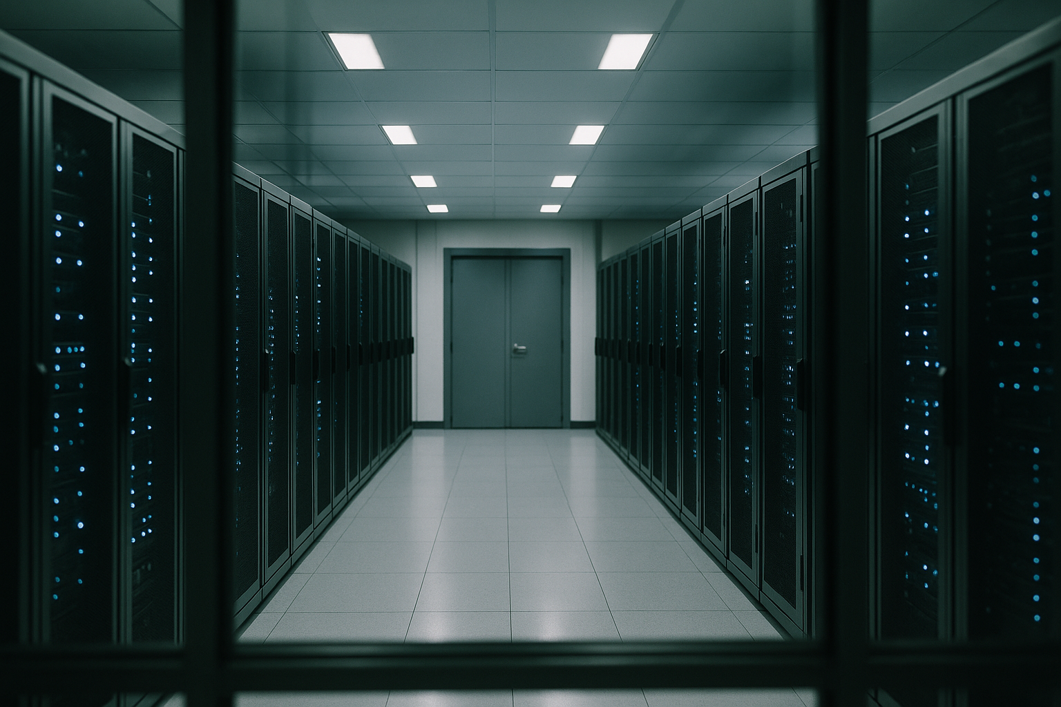 A secured enterprise server room behind a glass wall, racks lit in cool blue, with a single sealed steel door at the end of the aisle suggesting an isolated, air-gapped enclave.