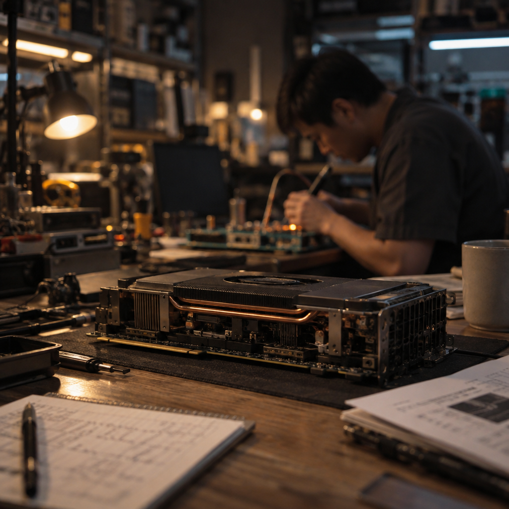 An engineer adjusts an NVIDIA H100 GPU on a lab bench under a warm lamp