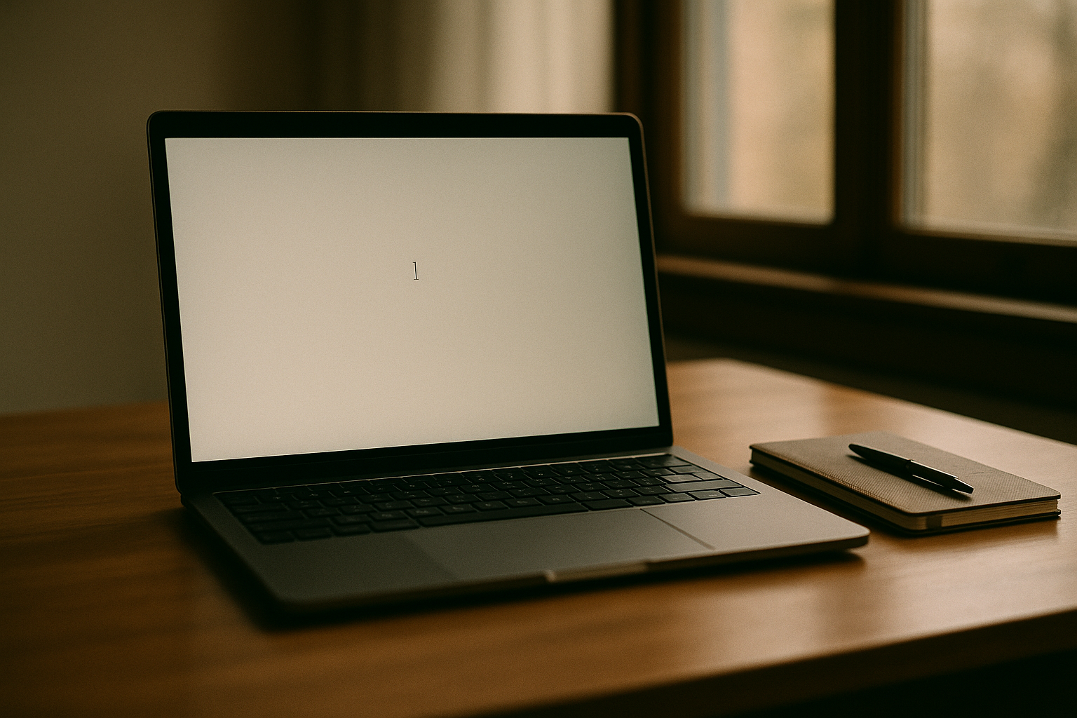A laptop on a wooden desk in soft morning light with a blinking text cursor on an otherwise blank screen, a notebook and pen beside it suggesting a question about to be typed.