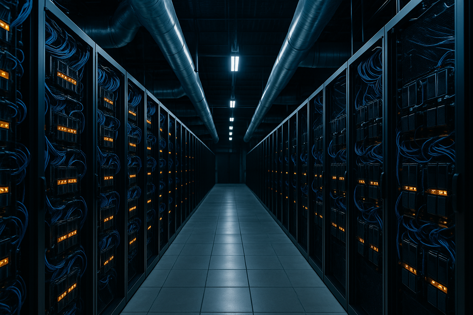 Rows of GPU server racks inside a corporate data center, dense cabling and amber status lights, cool air-handling vents overhead, the building's own infrastructure rather than a public cloud.