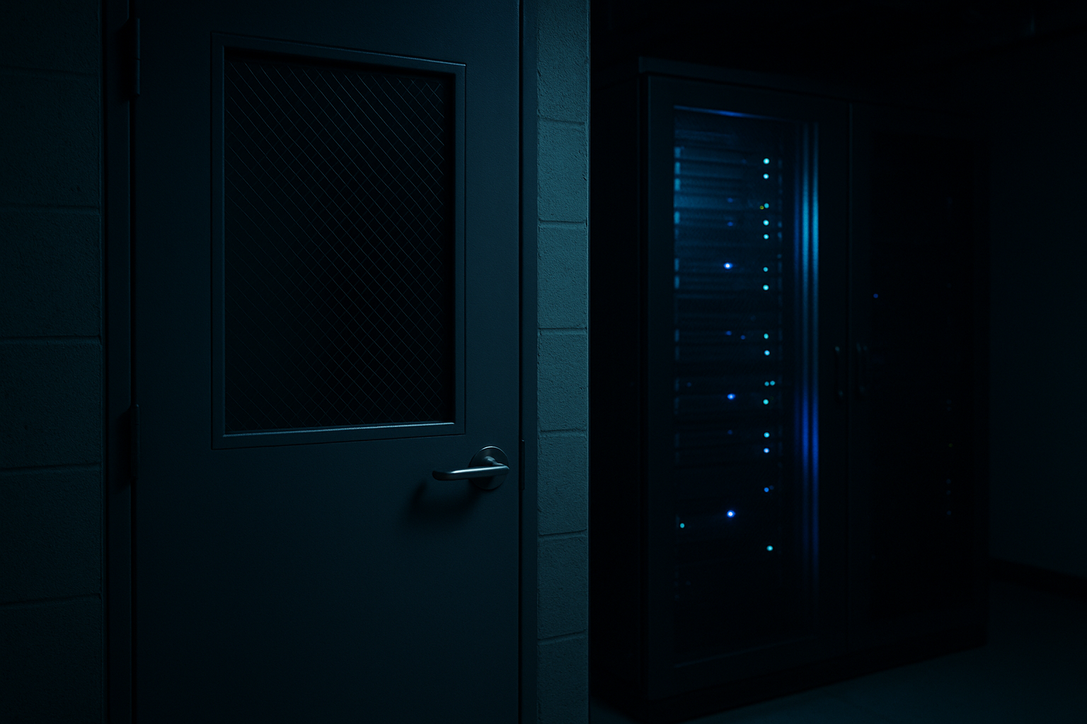 A dim enterprise server room with a single locked rack cabinet glowing softly, a closed steel door in the foreground suggesting data kept inside the building.