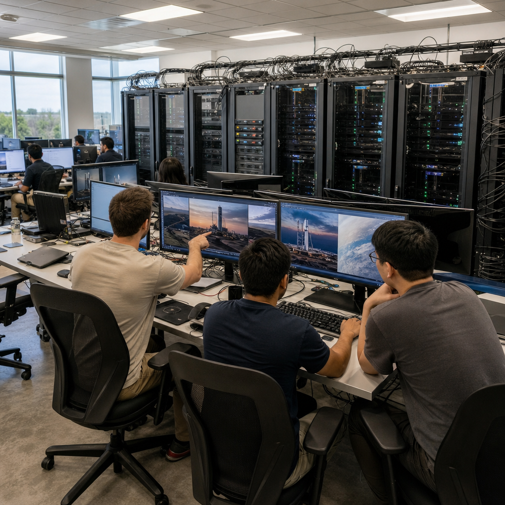 Inside a brightly lit modern technology laboratory associated with xAI and SpaceXAI collaborations multiple anonymous technicians wearing plain neutral colored shirts and pants sit at long shared worktables filled with arrays of high performance desktop computers connected by thick bundles of black cables to tall black server racks lining the far wall the servers feature rows of blinking indicator lights and ventilation grilles while the monitors display side by side comparisons of digital photographs undergoing precise editing operations such as adjusting fine details in landscape imagery of rocket launch facilities and orbital diagrams the edited versions show subtle refinements in lighting shadows and textures without any visible words or markings on screen one technician points at a specific area on the central monitor illustrating targeted editing capabilities another technician adjusts settings on a keyboard while a third reviews output on a secondary display the entire workspace includes scattered generic notebooks closed laptops charging cables power strips and ergonomic chairs positioned around the tables the background reveals additional workstations with similar hardware setups and large windows allowing natural daylight to illuminate the room creating a professional collaborative atmosphere focused on the release and testing of Grok Imagine Image 2.0 tools the scene captures the moment of general availability preparation with emphasis on computational infrastructure supporting fixed rate API access and competitive arena performance metrics all elements remain strictly real world physical objects and anonymous figures in a single cohesive live action environment emphasizing hardware environments and operational workflows tied directly to xAI advancements in image precision tools and second place ranking achievements the laboratory features neutral gray walls industrial flooring overhead fluorescent lighting panels and organized cable management systems the technicians maintain focused postures with hands on input devices and eyes directed at screens showing progressive image refinement stages the overall composition centers on the intersection of human operators and advanced computing equipment symbolizing the launch of enhanced editing functionalities within the Grok ecosystem while maintaining complete avoidance of any textual elements logos or identifiable individuals the depth of detail includes every visible cable texture monitor bezel server panel edge chair fabric weave and window frame reflection ensuring a dense hyper realistic portrayal of the technology news story in its authentic operational context